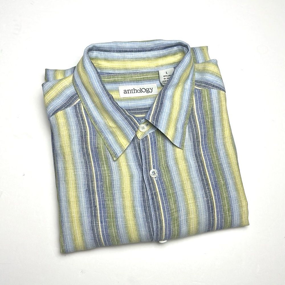 Anthology Linen Shirt Button Down Striped Yellow Gray Blue Long Sleeve L